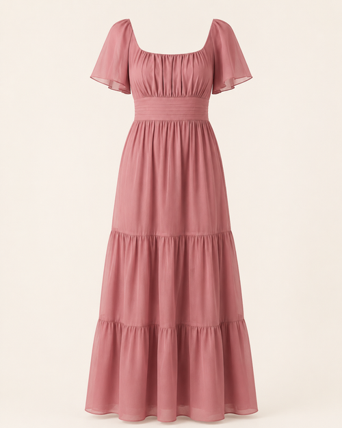 Aurora Bloom Maxi Dress shown alone, highlighting its flutter sleeves and tiered skirt