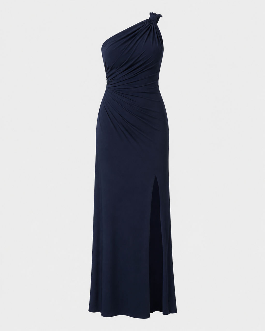 Camille One-Shoulder Maxi Dress shown alone with asymmetric draping and side slit