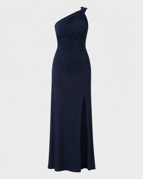 Camille One-Shoulder Maxi Dress shown alone with asymmetric draping and side slit