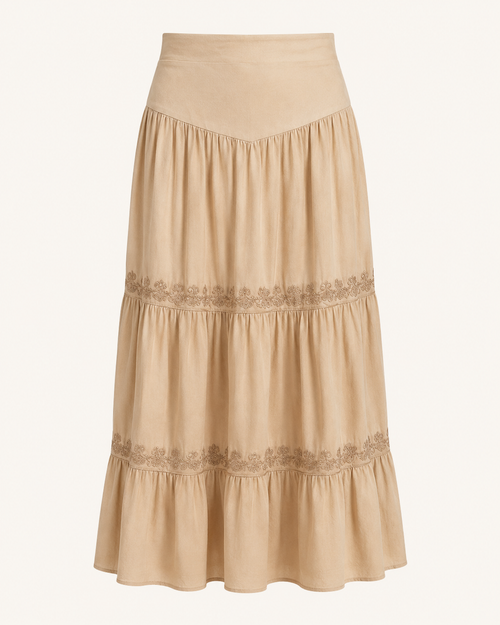 Golden Hour Tiered Maxi Skirt shown alone with gathered tiers and tonal embroidery