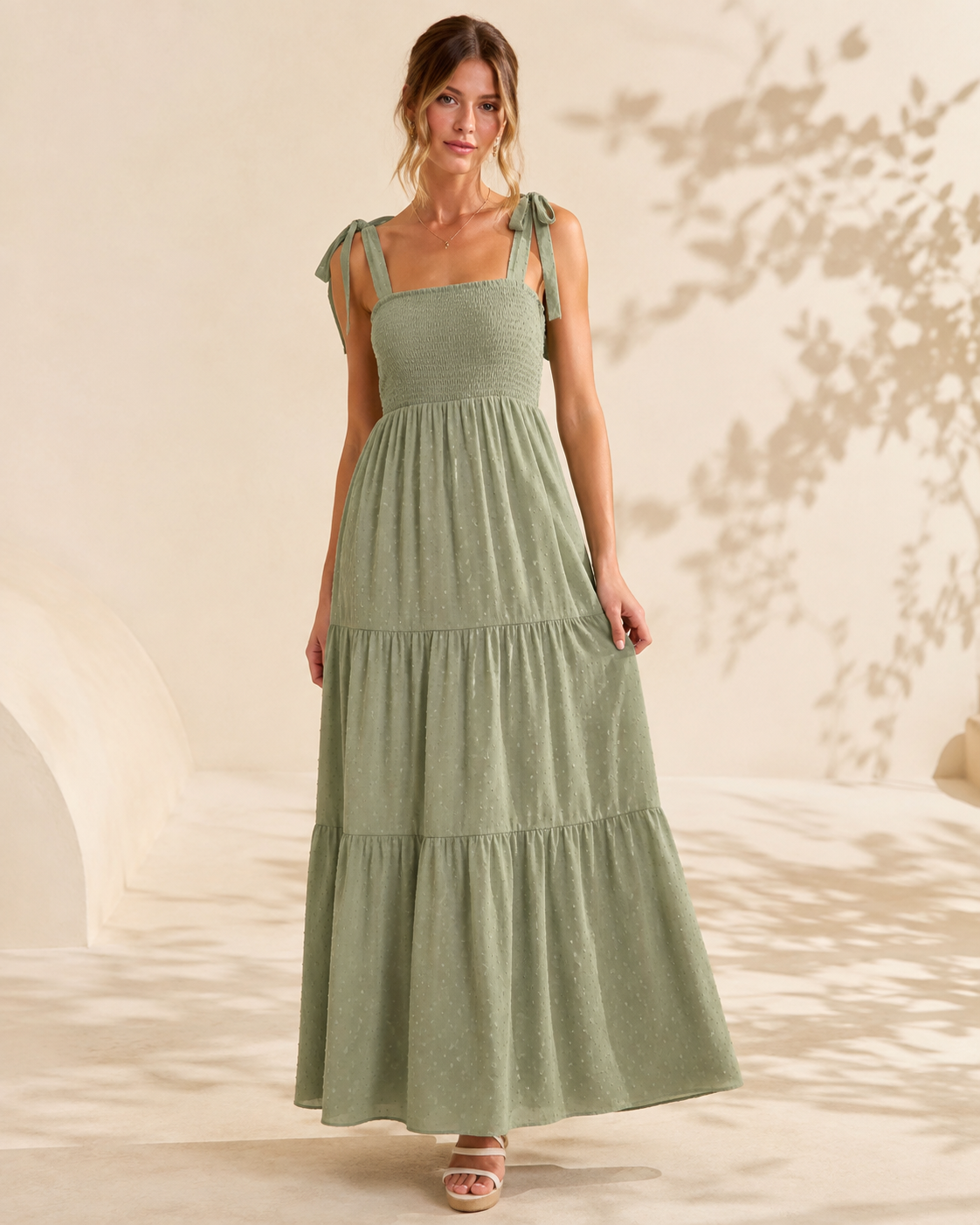 Model wearing the sage Meadowlight Smocked Maxi Dress in a full-length front view