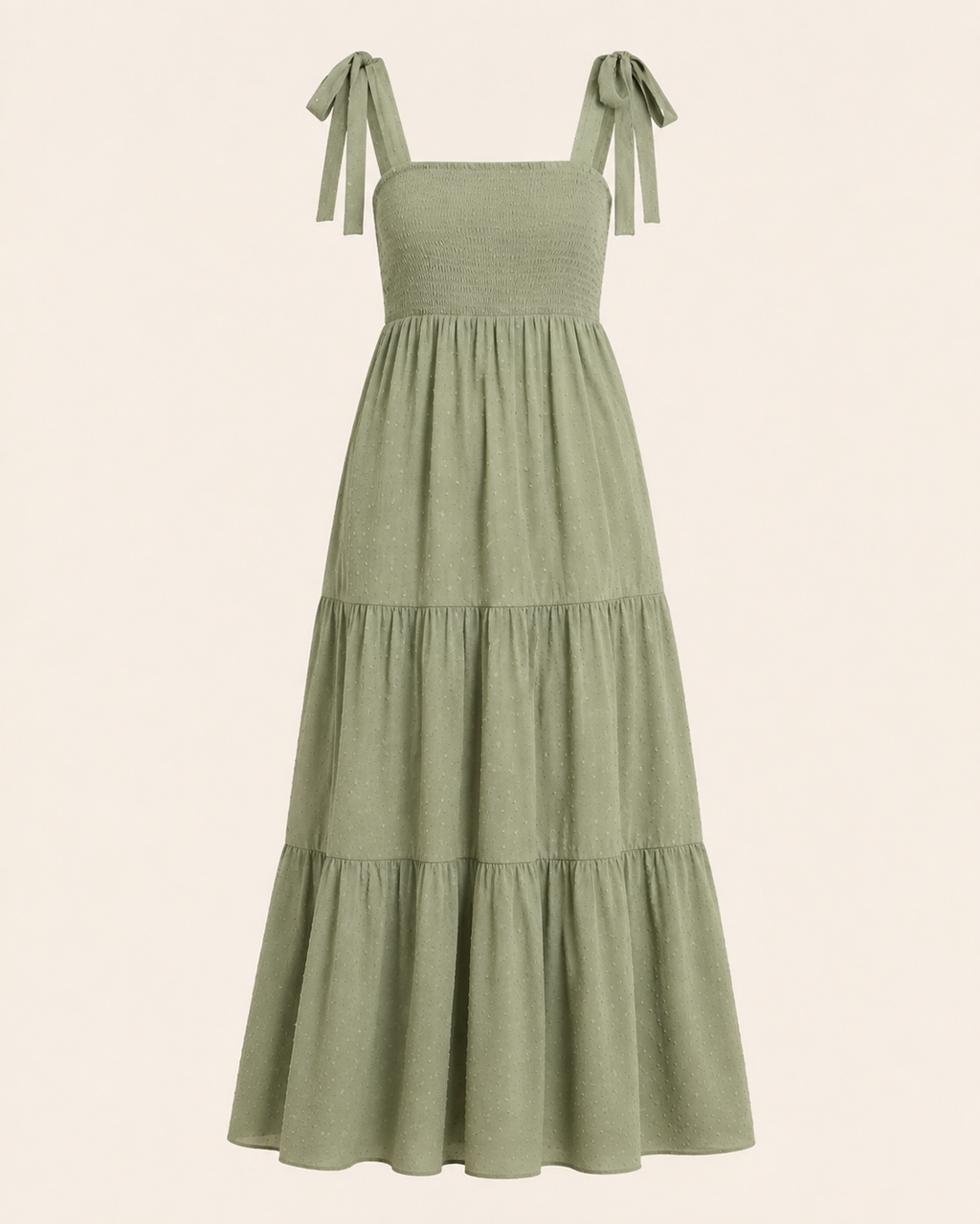 Meadowlight Smocked Maxi Dress shown alone with shoulder bows and tiered skirt