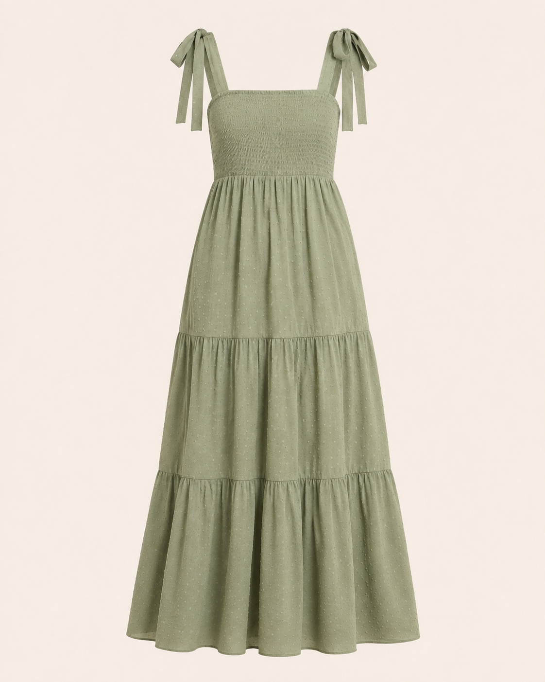 Meadowlight Smocked Maxi Dress shown alone with shoulder bows and tiered skirt