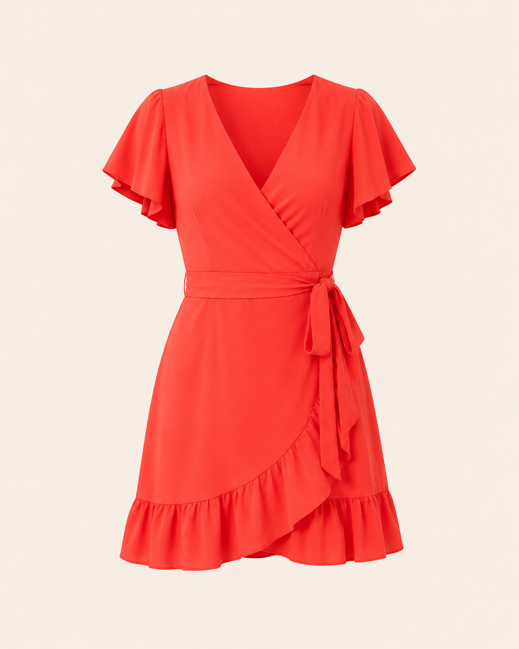 Poppy Muse Wrap Mini Dress shown alone with flutter sleeves and ruffled hem