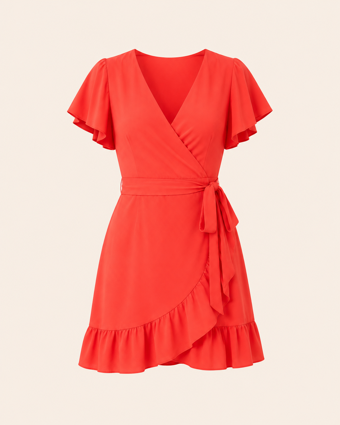 Poppy Muse Wrap Mini Dress shown alone with flutter sleeves and ruffled hem