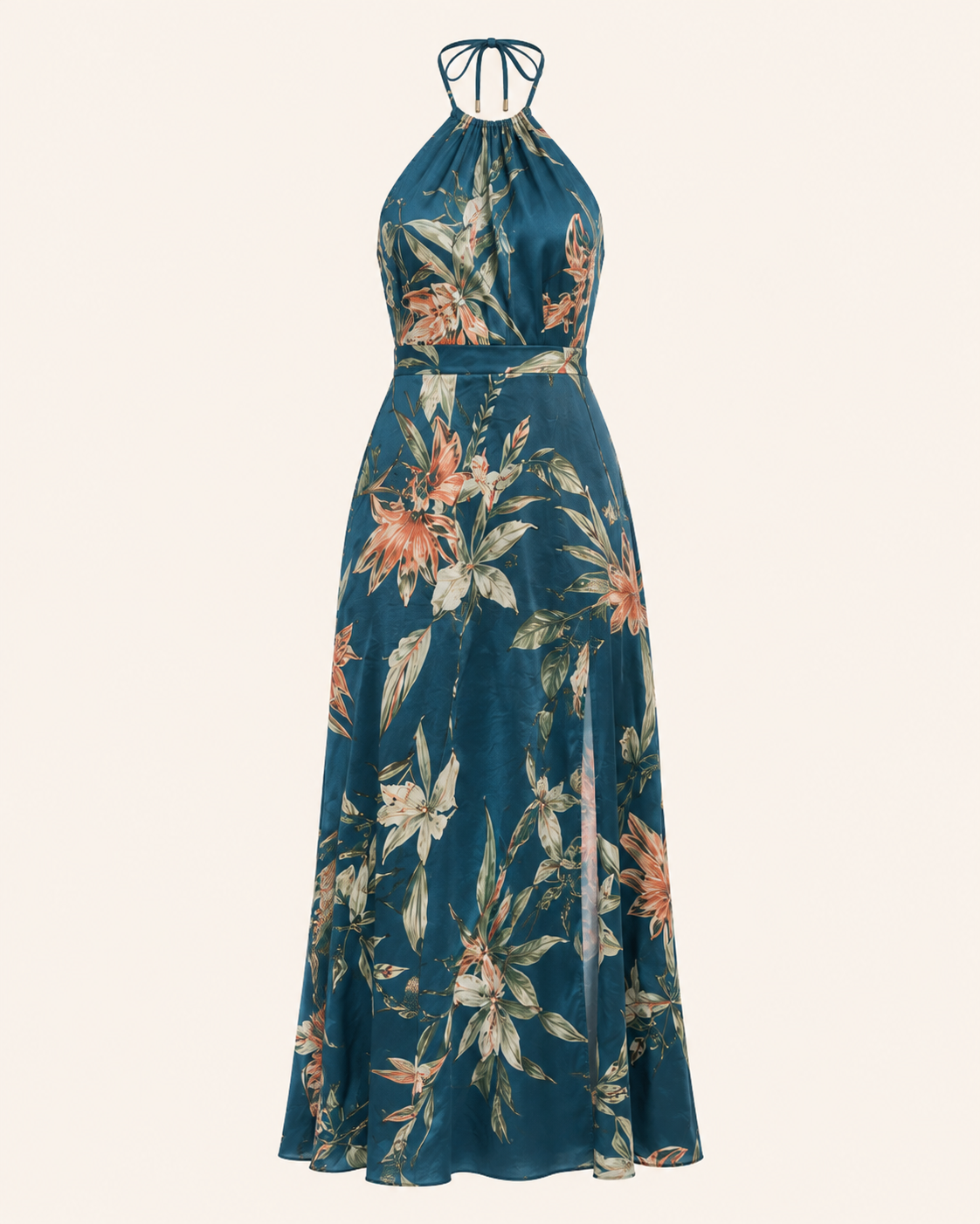 Solstice Garden Halter Maxi Dress shown alone with its botanical print and side slit