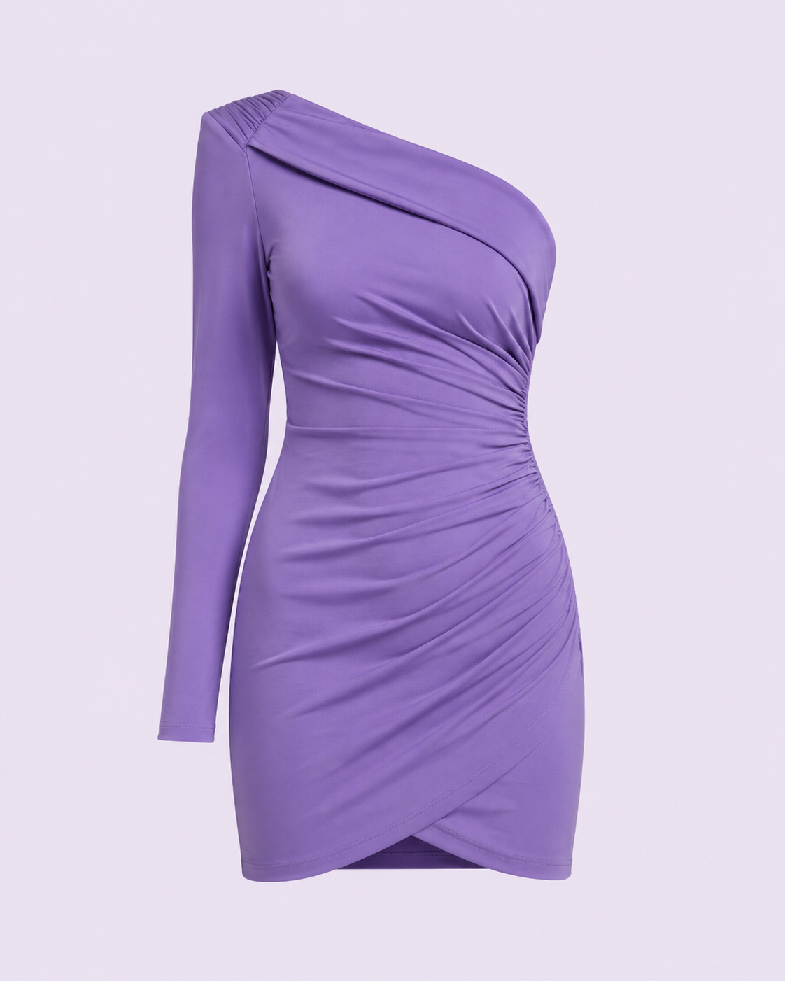 Violet Hour Ruched Mini Dress shown alone with one shoulder and an angled hem